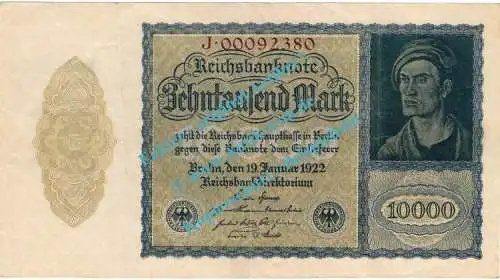 Banknote , 10.000 Mark Schein in gbr. DEU-78.b, Ros.69, P.72, Weimarer Republik 1922 Inflation