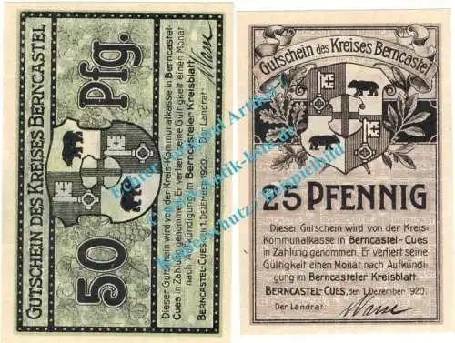 Berncastel Cues, Notgeld Set mit 2 Scheinen in kfr. Tieste 0530.05.05-06 , Rheinland 1920 Verkehrsausgabe