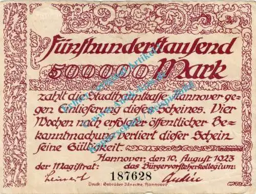 Hannover , Notgeld 500.000 Mark Schein in gbr. Keller 2148.b , Niedersachsen 1923 Grossnotgeld - Inflation