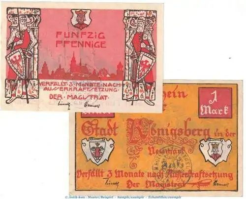 Notgeld Stadt Königsberg 722.1.a , Set mit 2 Scheinen -Stempel- in kfr. o.D. Brandenburg Seriennotgeld