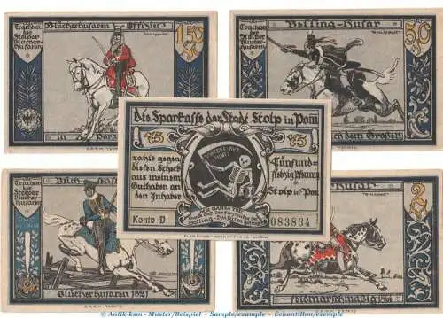 Notgeld Sparkasse Stolp 1275.3 , Skelett-Set mit 5 Scheinen in kfr. o.D. Pommern Seriennotgeld