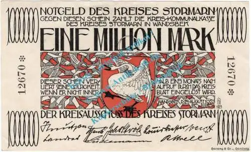 Stormarn , Banknote 1 Million Mark Schein in kfr. Keller 4897.b , Schleswig Holstein 1923 Inflation