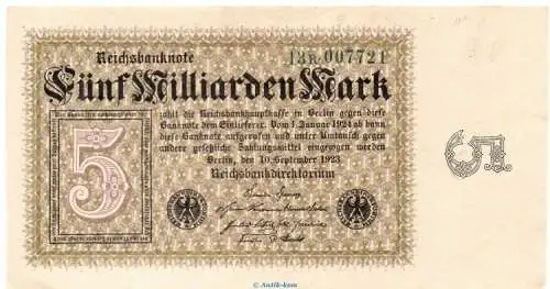 Reichsbanknote , 5 Milliarden Mark in kfr. DEU-133, Ros.112, P.115 vom 10.09.1923 , Weimarer Republik - Inflation