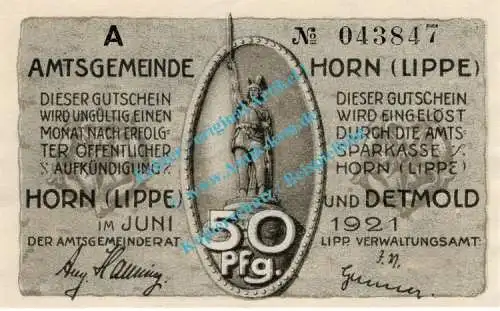 Horn , Notgeld 50 Pfennig Schein -A- in kfr. M-G 628.1.a , Westfalen 1921 Seriennotgeld