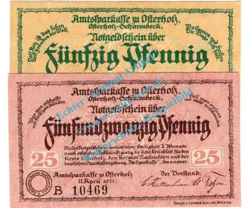 Osterholz , Notgeld Set mit 2 Scheinen -B- in unc. Tieste 5450.05.10-11 , Niedersachsen 1921 Verkehrsausgabe