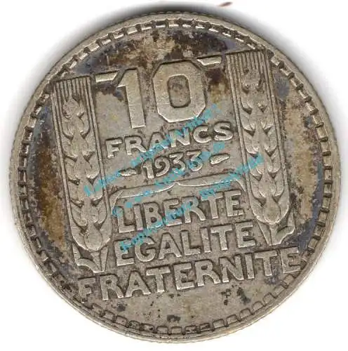 Frankreich - France , 10 Francs Silber Münze von 1933 -Laureate- KM.878