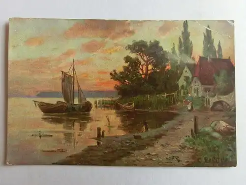 Alte AK Gemäldekarte Segelboot Gehöft Frau  [aH910]