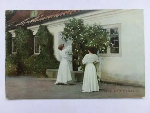 Alte AK Gemäldekarte Slott Möller Frauen Rosen Haus [aT948]