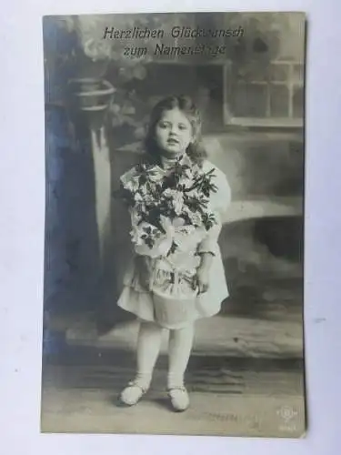 Alte AK Grußkarte Namenstag Mädchen Blumenkorb 1908 [aT957]