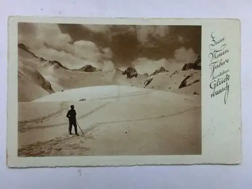 Alte AK Grußkarte Neujahr Schifahrer Skifahrer  [aT964]