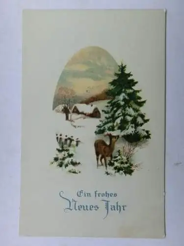 Alte AK Grußkarte Neujahr Reh Winterlandschaft [aT973]