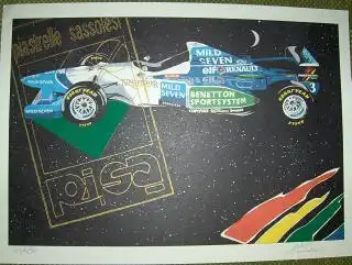 Original farb.-Linoldruck auf kartoniert.-Velin : BENETTON FORMULA 1 Racing Team mit Formel-1-Fahrzeug u. Hinweise auf der Sponsor PI.SA u. ander. Sponsors. 