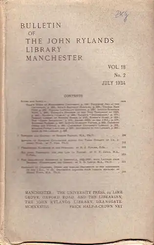 Bulletin John Ryland - Henry Guppy (ed.): Bulletin of the John Rylands Library Manchester Vol. 18, N° 2. July 1934. Content: 1) Notes and News...