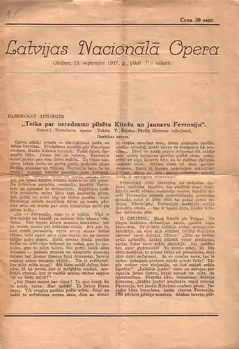 Rimskij - Korsakov: Programmzettel zu: Teika par neredzamo pilsetu Kitezu un jaunavu Fevroniju. Rimskij - Korsakova opera 4 cellenos. Aufführung: Latvijas Nacionala Opera , Otrdien , 13 septembri 1927. Programmzettel mit Inhaltsangabe. 