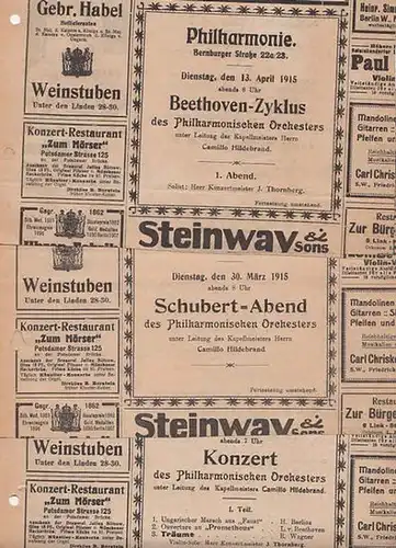 Philharmonisches Orchester. Hildebrand, Camillo Ltg.- (Hrsg.): Konvolut von Programmzetteln des Philharmonischen Orchesters Berlin, Bernburger Strasse 22a/23 aus der Zeit von Februar 1915 bis Dezember 1915. Konvolut von 18 Blättern. 