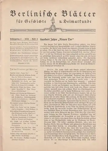 Berlinische Blätter. - Hasselberg, Felix (Hrsg.): Berlinische Blätter für Geschichte und Heimatkunde. Dritter (3.) Jahrgang 1936 mit No. 3.  Zum Inhalt: Beiträge zur Stadtgeschichte...