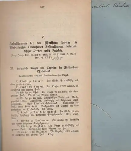 Vogell, Baumeister / Baurath Mithoff: Inhalts-Angabe der dem historischen Vereine  für Niedersachsen überlieferten  Beschreibungen vaterländischer Kirchen nebst Zubehör.  Beiträge No. V / VIII / X / XII. 