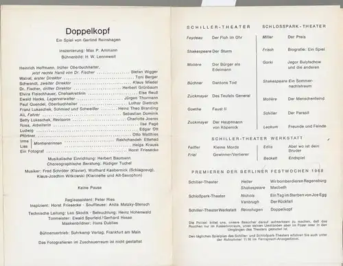 Schiller-Theater Werkstatt. Berlin. - Gerlind Reinshagen: Doppelkopf. Spielzeit 1968 / 1969.Heft 199. General-Intendant Boleslaw Barlog.  Inszenierung Max P. Amman. Kostüm / Bühnenbild  H.W.Lenneweit...