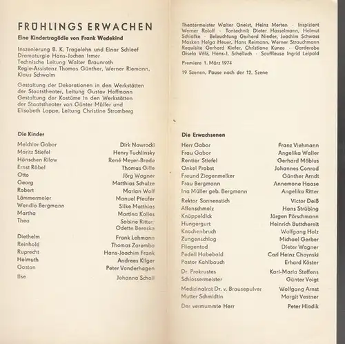 Berliner Ensemble Am Bertolt - Brecht - Platz. Wedekind, Frank: Frühlings Erwachen. Inszenierung Tragelehn, B.K. und Schleef, Einar.  Dramaturgie Irmer, H.J.  Kostüm...