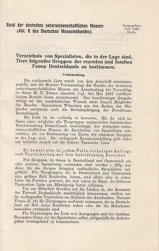 Naturwissenschaftliche Museen, Bund der deutschen (Hrsg.): Verzeichnis von Spezialisten, die in der Lage sind, Tiere folgender Gruppen der rezenten und fossilen Fauna Deutschlands zu bestimmen. 