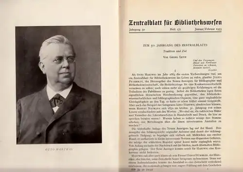 Bibliothekswesen, Zentralblatt für. - Georg Leyh, H. A. Krüss, Konrad Burdach, Fritz Milkau, Gotthold Naetebus, Hermann Escher, Paul Lehmann, Alban Dold, Willi Göber, Henri Lemaitre...