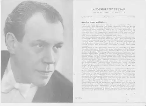 Dessau. - Landestheater. - Intendant: Willy Bodenstein. - Red. : Chefdramaturg Heinz Thiel. - Modest P. Mussorgski: Landestheater Dessau. Spielzeit 1951 / 1952, Nummer 10. - Mit Besetzungsliste zu: Boris Godunow ( Modest P. Mussorgski ). - Inszenierung: W