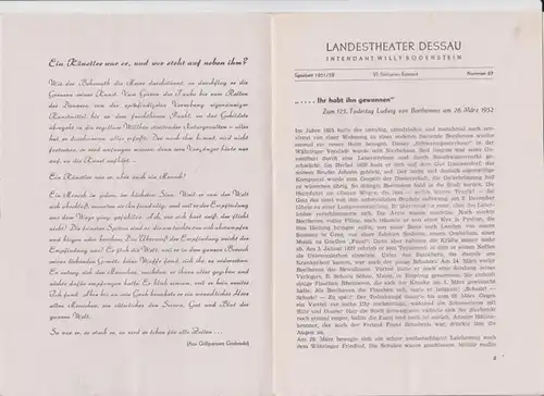 Dessau. - Landestheater. - Intendant: Willy Bodenstein. - Red. : Chefdramaturg Heinz Thiel. - Ludwig van Beethoven: Spielzeit 1951 / 1952, Nummer 27. - VI. Sinfonie - Konzert des Orchesters des Landestheaters Dessau. - Beethoven-Abend. - Leitung: Walter L