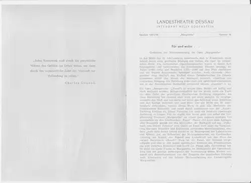 Dessau. - Landestheater. - Intendant: Willy Bodenstein. - Red. : Chefdramaturg Heinz Thiel. - Charles Gounod: Landestheater Dessau. Spielzeit 1951 / 1952, Nummer 36. - Mit Besetzungsliste zu: Margarethe ( Charles Gounod ). - Inszenierung: Willy Bodenstein