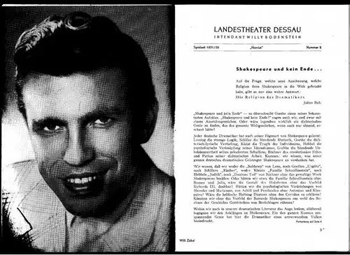 Dessau. - Landestheater. - Intendant: Willy Bodenstein. - Red. : Chefdramaturg Heinz Thiel. - William Shakespeare: Landestheater Dessau. Spielzeit 1951 / 1952, Nummer 2. - Mit Besetzungsliste zu: Hamlet ( William Shakespeare ). - Inszenierung: Erich Werde