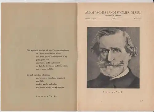 Dessau. - Landestheater. - Anhaltisches Theater. - Intendant: Willy Bodenstein. - Red. : Heinz Thiel. - Giuseppe Verdi: Anhaltisches Landestheater Dessau. Heft 20 der Spielzeit 1949 / 1950. - Mit Besetzungsliste zu: Aida ( Oper von Antonio Ghislanzoni, Mu