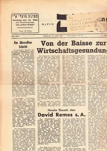 Dapim. - Blumenthal. - Olim. - Ichud Olami: Dapim. Abteilung für die Olim aus Mitteleuropa und "Ichud Olami". Informationsblatt. 7. Jahrgang. Freitag, 25.Mai 1951 aus...