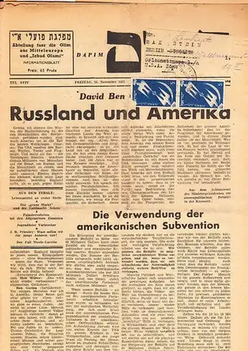 Dapim. - Blumenthal. - Olim. - Ichud Olami: Dapim. Abteilung für die Olim aus Mitteleuropa und "Ichud Olami". Informationsblatt. 7. Jahrgang. Freitag, 16. November 1951...