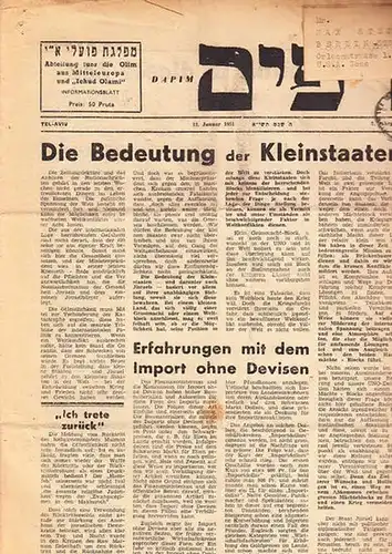 Dapim. - Blumenthal. - Olim. - Ichud Olami: Dapim. Abteilung für die Olim aus Mitteleuropa und "Ichud Olami". Informationsblatt. 7. Jahrgang. 12. Januar 1951 aus...