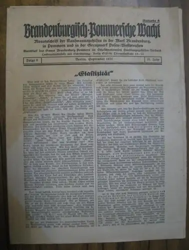 Brandenburgisch - Pommersche Wacht. - Hahn, Karl (Herausgeber): Brandenburgisch - Pommersche Wacht. September 1931, 31. Jahr, Folge 9. - Monatsschrift der Kaufmannsgehilfen in der Mark...