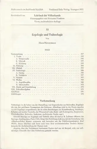 Nevermann, Hans ( 1902 - 1982 ): Ergologie und Technologie. - Sonderdruck aus: Lehrbuch der Völkerkunde, 1971. 