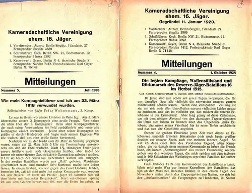 Kameradschaftliche Vereinigung ehem. 16. Jäger - Atzrott, Koch, Dobenzig, Karl Geyer u.a: Mitteilungen Kameradschaftliche Vereinigung ehem. 16. Jäger. 12 Ausgaben. Es liegen vor: Nummer 3...