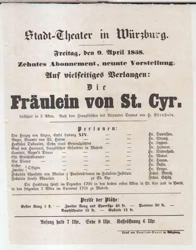 Würzburg, Stadttheater. - Intendanz: Gotthilf Friedrich Spielberger. - nach Alexandre Dumas ( der Ältere ). - bearbeitet von Heinrich Börnstein: Besetzungszettel zu: Die Fräulein von...