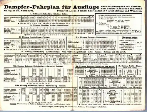 Betriebsverwaltung der Dampfschiffahrt des Kreises Teltow, Kl. Glienicke (Hrsg.): Dampfer-Fahrplan für Ausflüge nach der Umgegend von Potsdam, dem Tetow-Kanal und dem Prinz Friedrich Leopold-Kanal über...