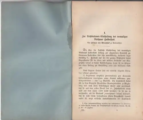 Halberstadt. - Strombeck, Hilmar von: Zur Archidiakonat - Eintheilung des vormaligen Bisthums Halberstadt. 