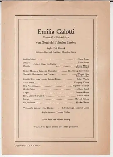 Berlin, Max Reinhardts Deutsches Theater. - Intendanz: Wolfgang Langhoff. - Gotthold Ephraim Lessing: Programmzettel zu: Emilia Galotti. Trauerspiel in fünf Aufzügen von Gotthold Ephraim Lessing...