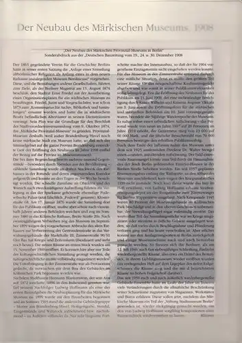 BerlinArchiv herausgegeben von Hans-Werner Klünner und Helmut Börsch-Supan. (Hrsg.): "Der Neubau des Märkischen Provinzial-Museums in Berlin". Sonderdruck aus der "Deutschen Bauzeitung" vom 19., 24., u.30...