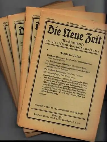 Neue Zeit, Die. - Kautsky, Karl und H. Cunow (Hrsg.). - A. Bebel, E. Bernstein, Fr. Engels, P. Lafargue, Aveling, Marx-Aveling, F. Mehring, M. Schippel, F.A. Sorge (u.a. Autoren): Die Neue Zeit. 40. Jahrgang 1. Band 1921 /1922. Konvolut bestehend aus 7 He