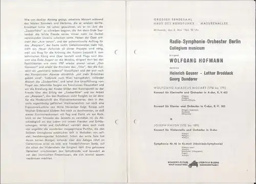 Radio-Symphonie-Orchester Berlin: Programmheft zum Konzert am Mittwoch, 6. Mai 1964: Radio-Symphonie-Orchester Berlin. Collegium musicum. Dirigent: Wolfgang Hofmann. - Solisten: Heinrich Geuser, Lothar Broddack, Georg Donderer. - mit Werken von Mozart und