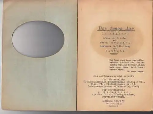 Rostand, Edmond. - Deutsche Nachdichtung von Klabund ( d. i. Alfred Henschke): Der junge Aar (L' Aiglon). Drama in 6 Akten.  Deutsche Nachdichtung von Klabund. 