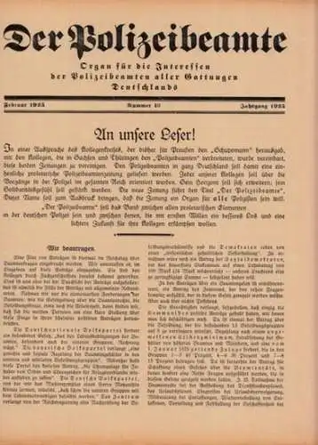 Polizeibeamte, Der: Der Polizeibeamte. Nr. 10 (siehe Anmerkungen), Februar 1925. Organ für die Interessen der Polizeibeamten aller Gattungen Deutschlands. Aus dem Inhalt: Dawes-Gutachten und Beamtengehälter...