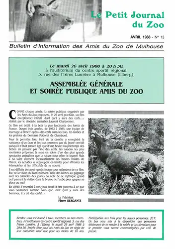 Le Petit Journal du Zoo Avril 1988 - No 13. 