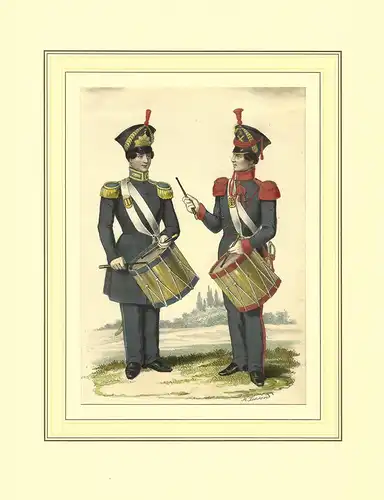 Tambours d. Infanterie & Artillerie des Hamb.  Bürg. Militairs. Altkolorierte Kreidelithographie von Heinrich Jessen, auf dem Stein signiert