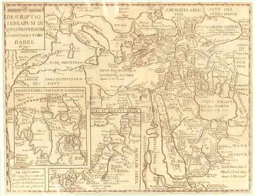 Descriptio terrarum, in quas dispersi sunt structores turris Babel. Original-Kupferstich, unkoloriert