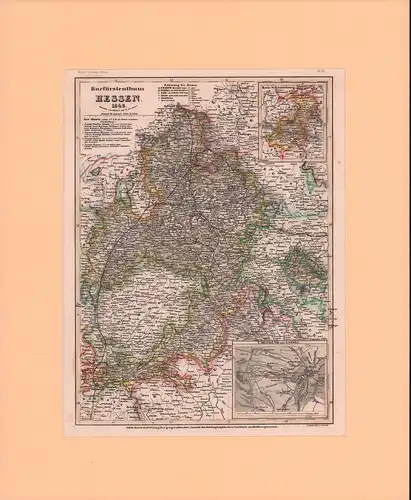 Kurfürstenthum Hessen 1849. Entworfen u. gezeichnet v. Art. Br. Ltn. Renner, gestochen von C. Ebricht. Grenzkolorierter Stahlstich