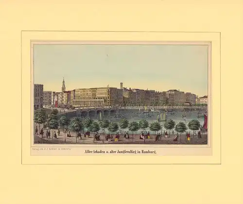 Alster-Arkaden u. alter Jungfernstieg in Hamburg. Kolorierte Lithographie [von D. M. Kanning]